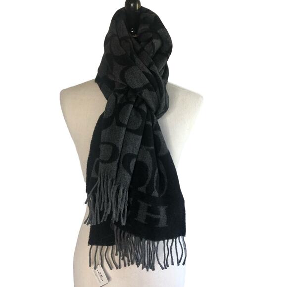 Coach Black & Dark Gray Signature Monogrammed Scarf w/ Fringe Details, NWT! - Picture 1 of 3